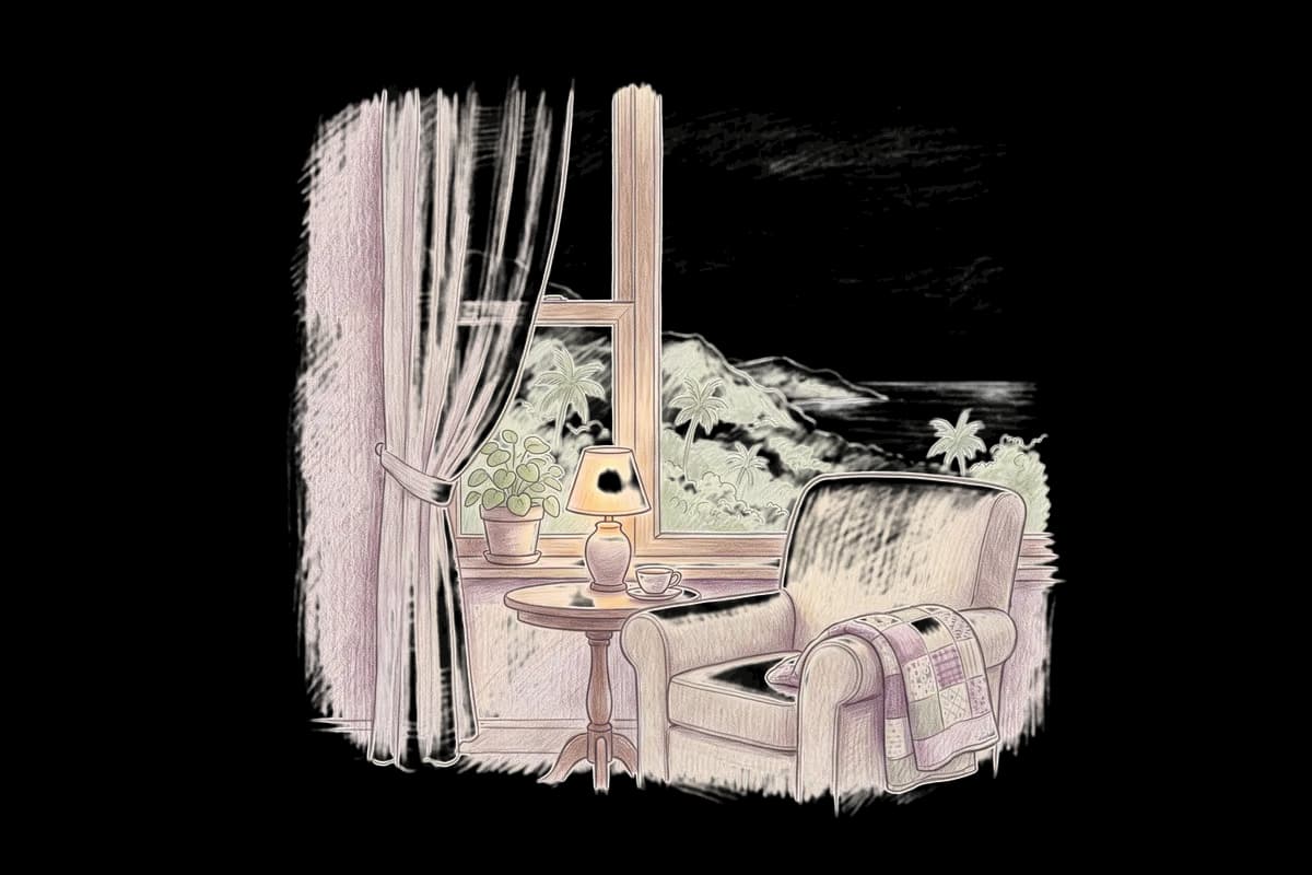Colored-pencil drawing of a quiet room by a window looking out on green tropical hills and the sea