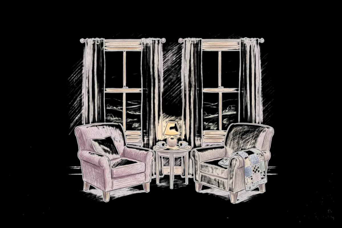Colored-pencil drawing of two armchairs side by side by two windows