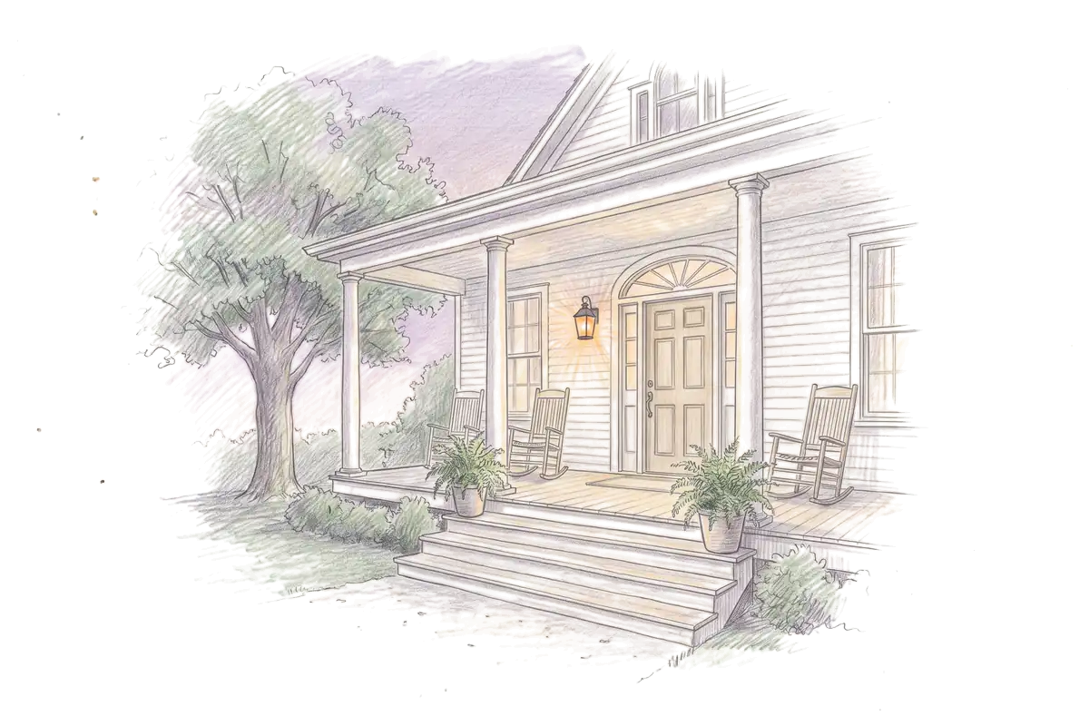 Colored-pencil drawing of a quiet front porch with a lamp glowing at dusk