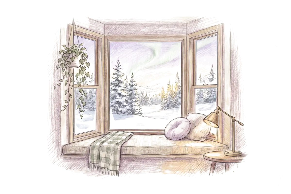 Colored-pencil drawing of a bay window at evening looking out on snowy spruce under a faint northern light