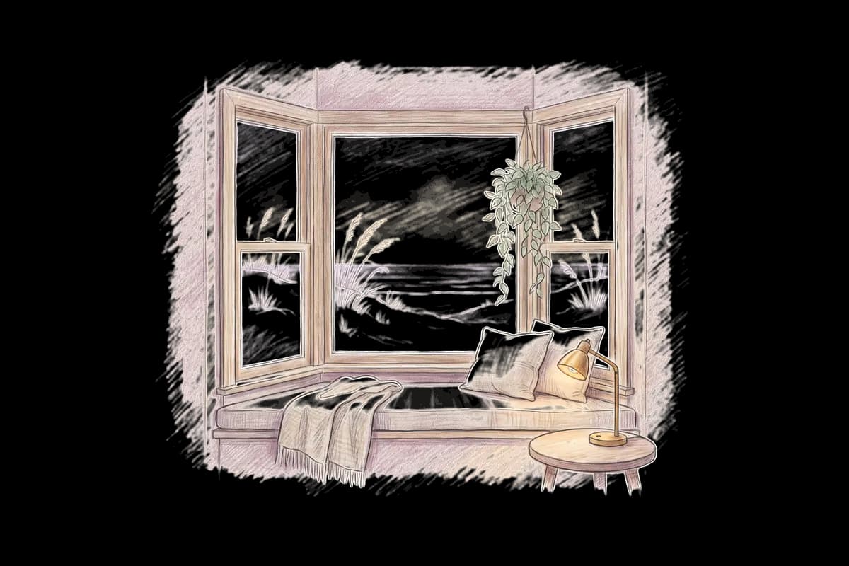 Colored-pencil drawing of a bay window at evening looking out on white dunes and sea oats at dusk