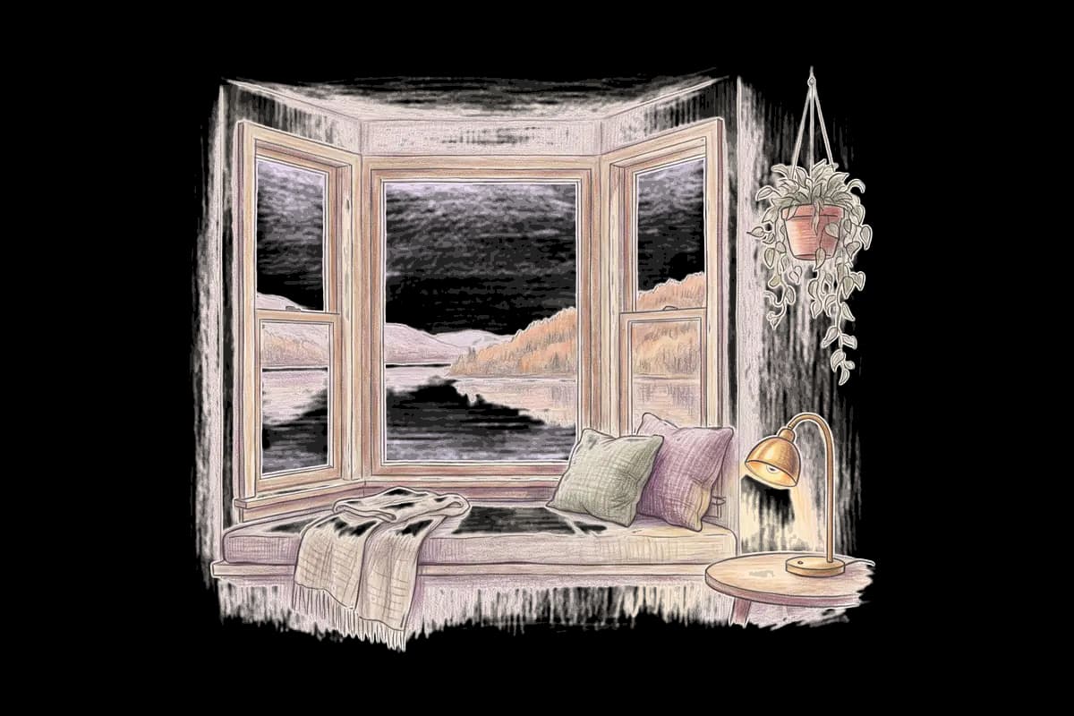 Colored-pencil drawing of a bay window at evening looking out on a calm lake below autumn hills
