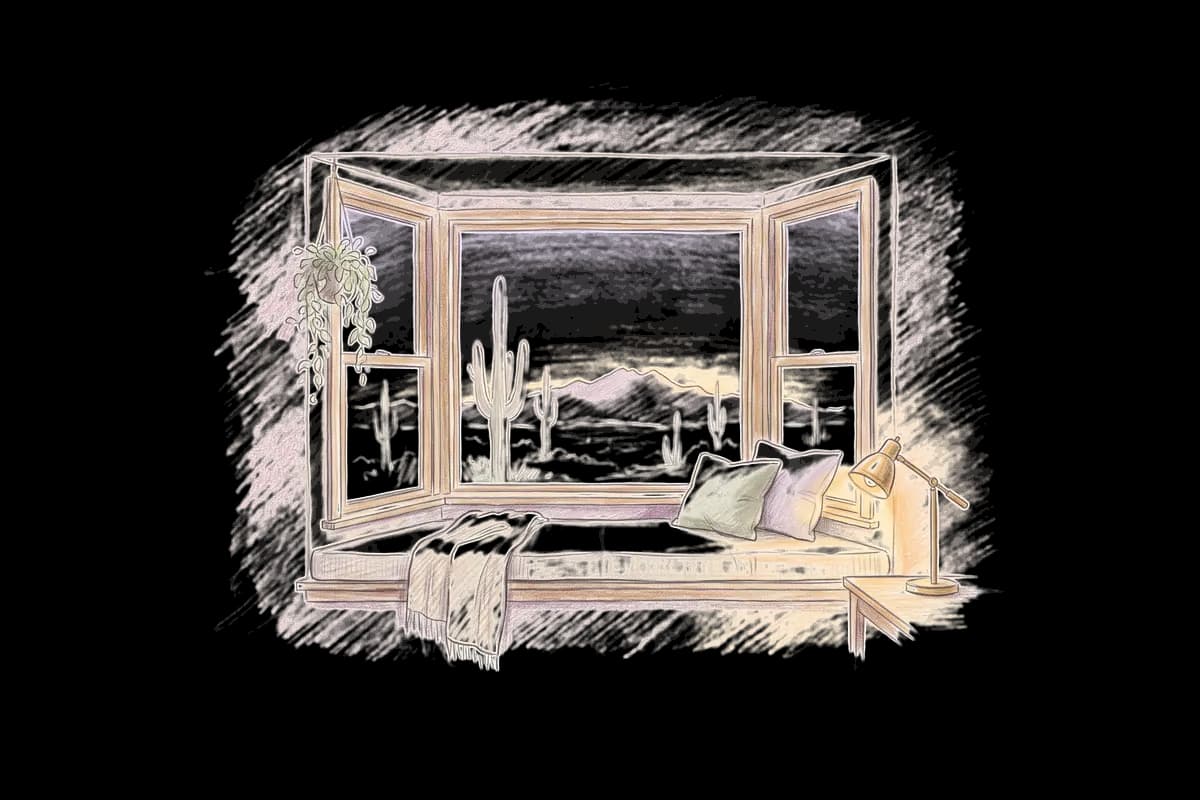 Colored-pencil drawing of a bay window at evening looking out on saguaros and mountains at sunset