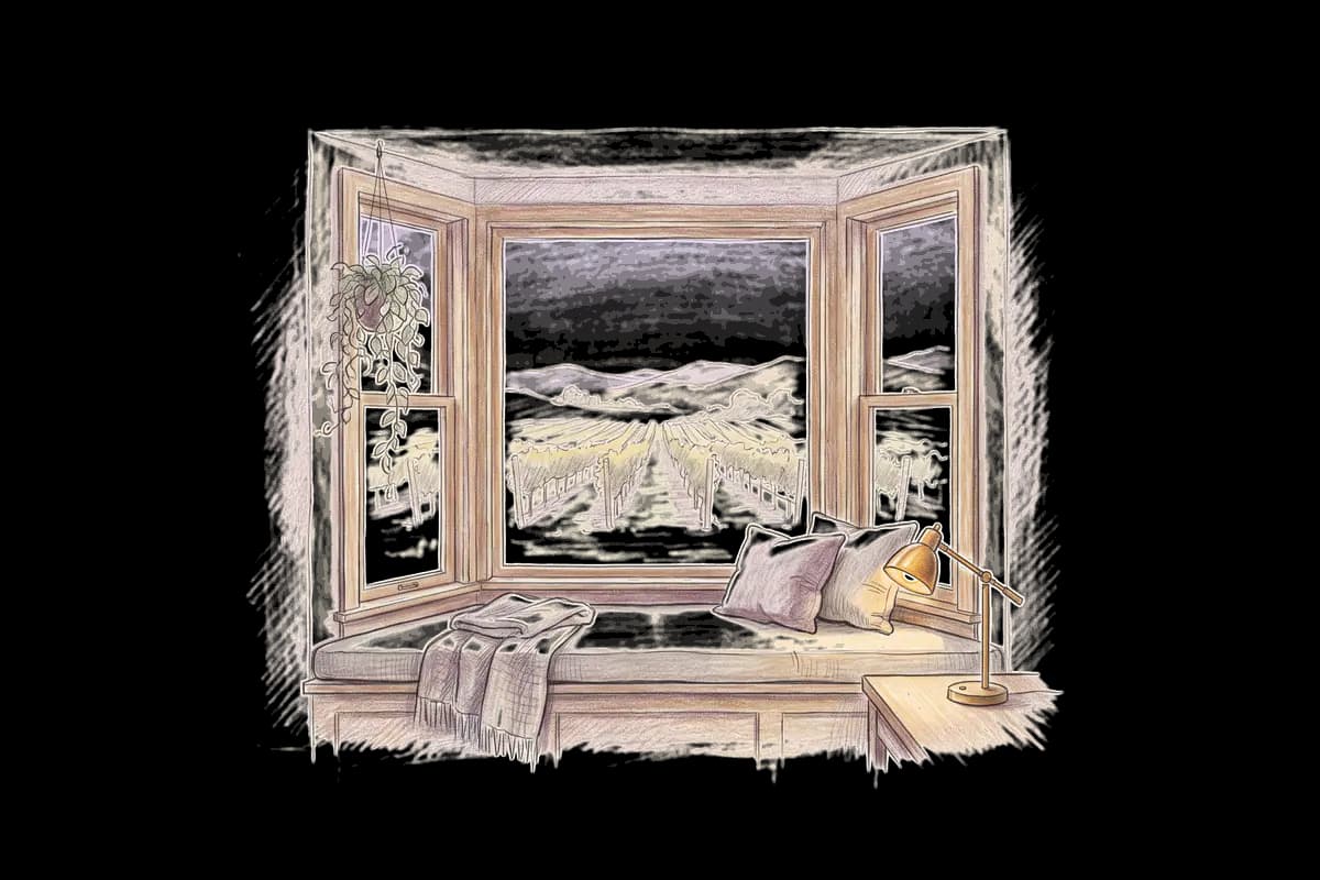 Colored-pencil drawing of a bay window at evening looking out on vineyard rows at golden hour