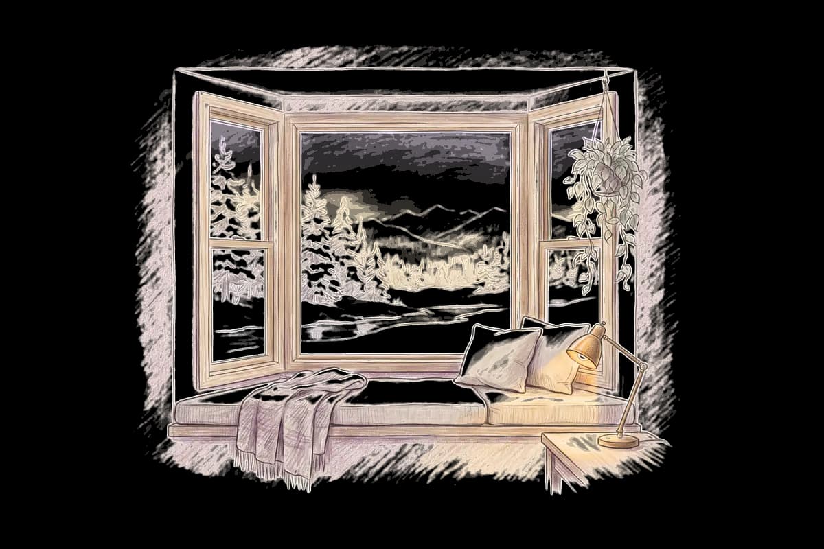 Colored-pencil drawing of a bay window at evening looking out on snowy pines below the mountains at dusk
