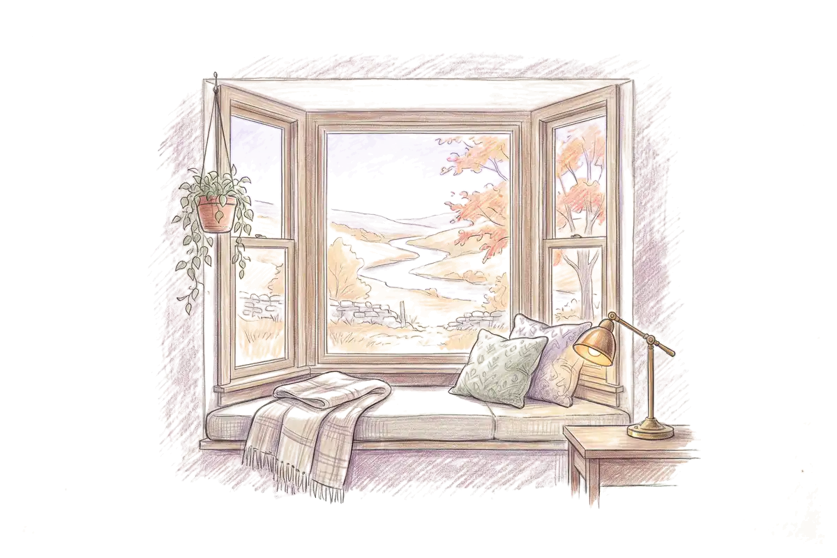 Colored-pencil drawing of a bay window at evening looking out on a stone wall and red maples at evening