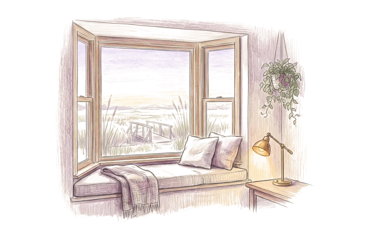 Colored-pencil drawing of a bay window at evening looking out on a marsh and a footbridge at sunset