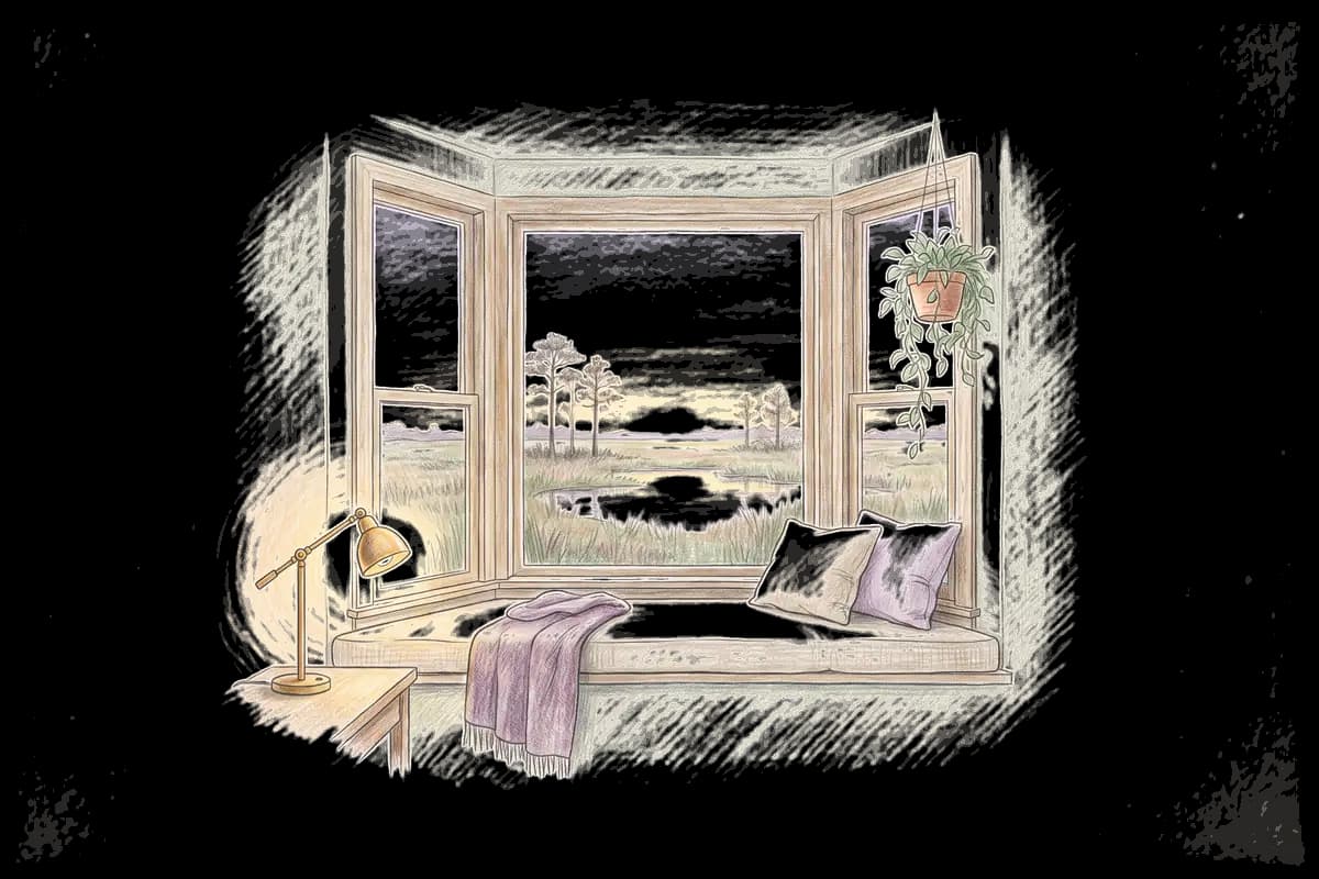 Colored-pencil drawing of a bay window at evening looking out on sawgrass and cypress at sunset