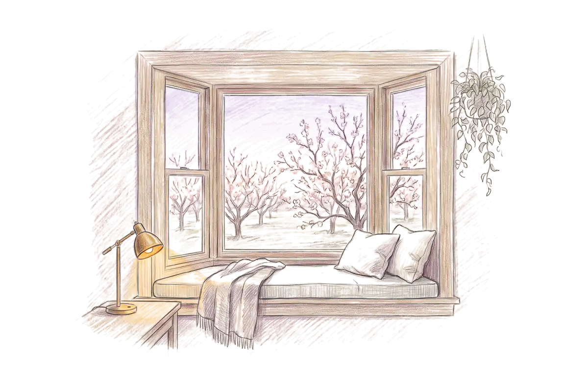 Colored-pencil drawing of a bay window at evening looking out on a peach orchard in blossom