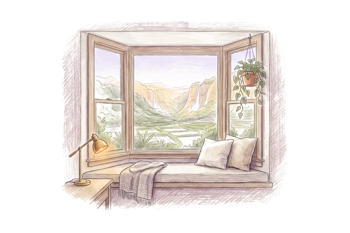 Colored-pencil drawing of a bay window at evening looking out on a green valley with taro fields and waterfalls