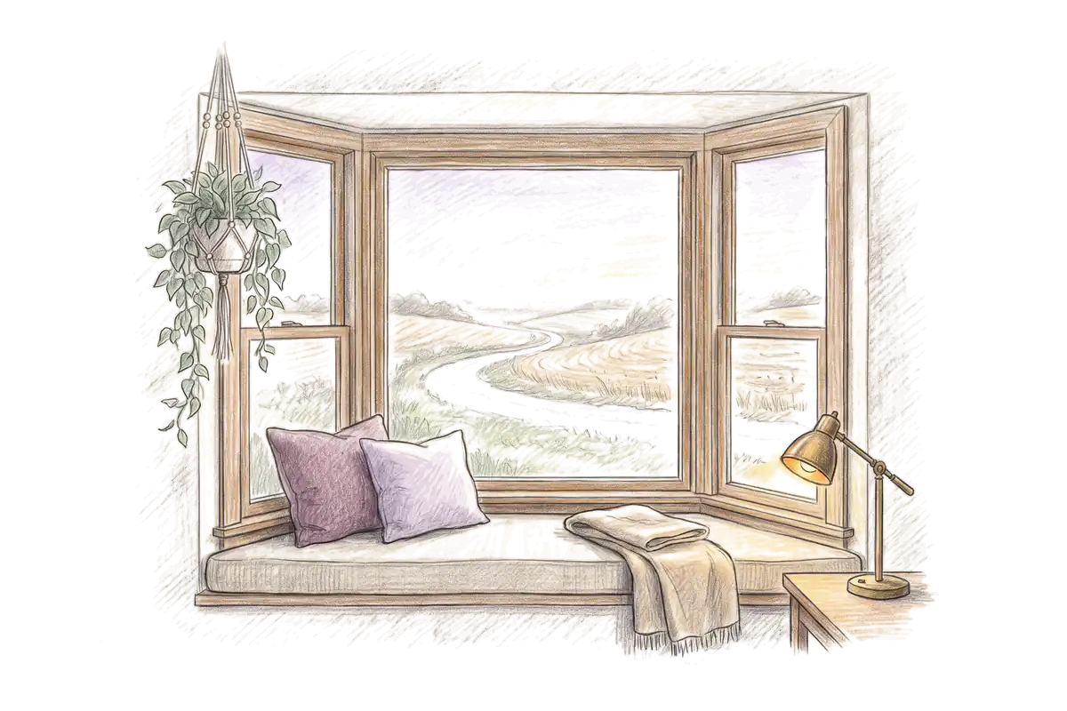 Colored-pencil drawing of a bay window at evening looking out on a gravel road through harvested hills