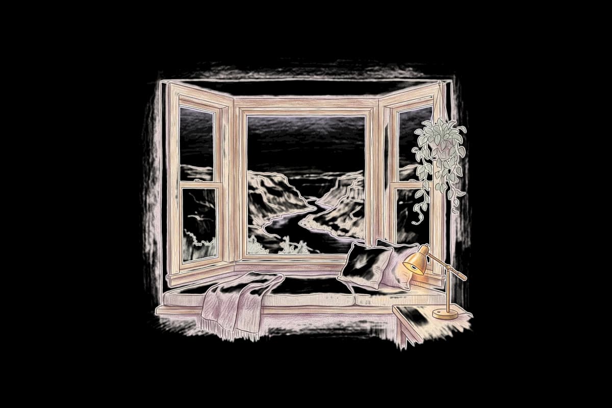 Colored-pencil drawing of a bay window at evening looking out on a river winding through a canyon