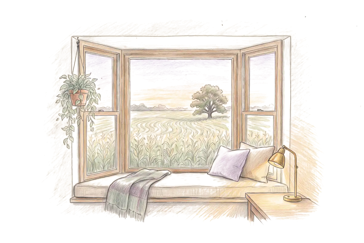 Colored-pencil drawing of a bay window at evening looking out on a cornfield and a lone oak at sunset