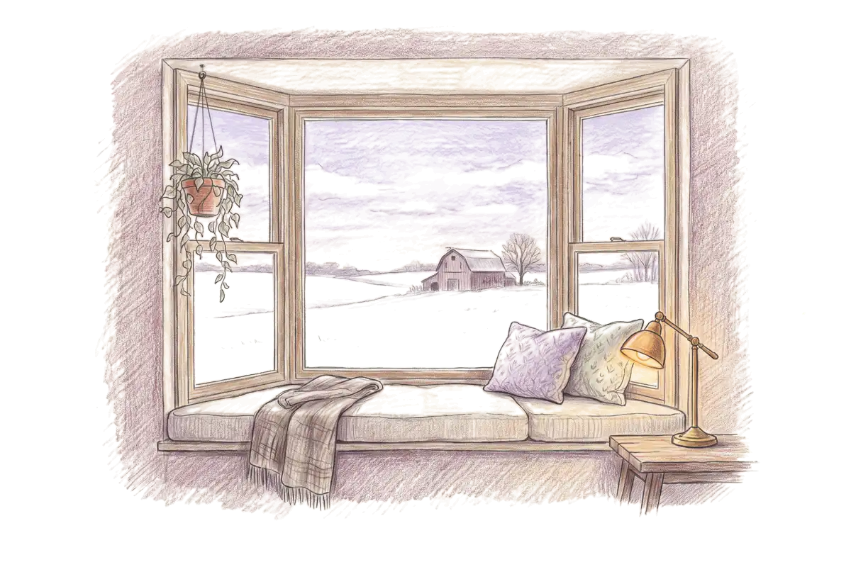 Colored-pencil drawing of a bay window at evening looking out on a snowy farm and a red barn at dusk