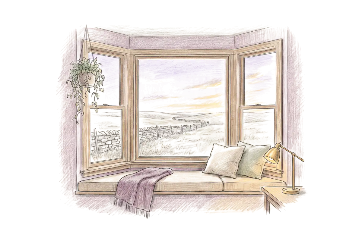 Colored-pencil drawing of a bay window at evening looking out on tallgrass hills at sunset