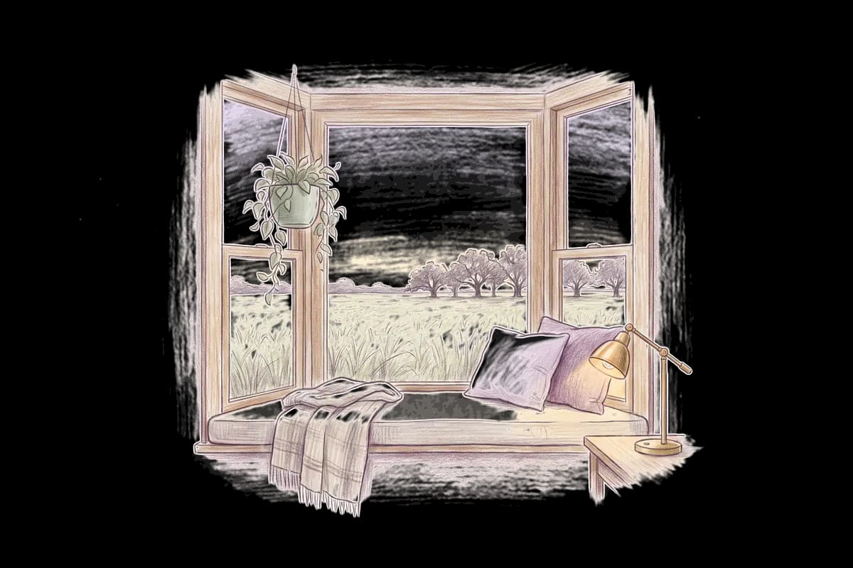 Colored-pencil drawing of a bay window at evening looking out on a cane field and live oaks at dusk
