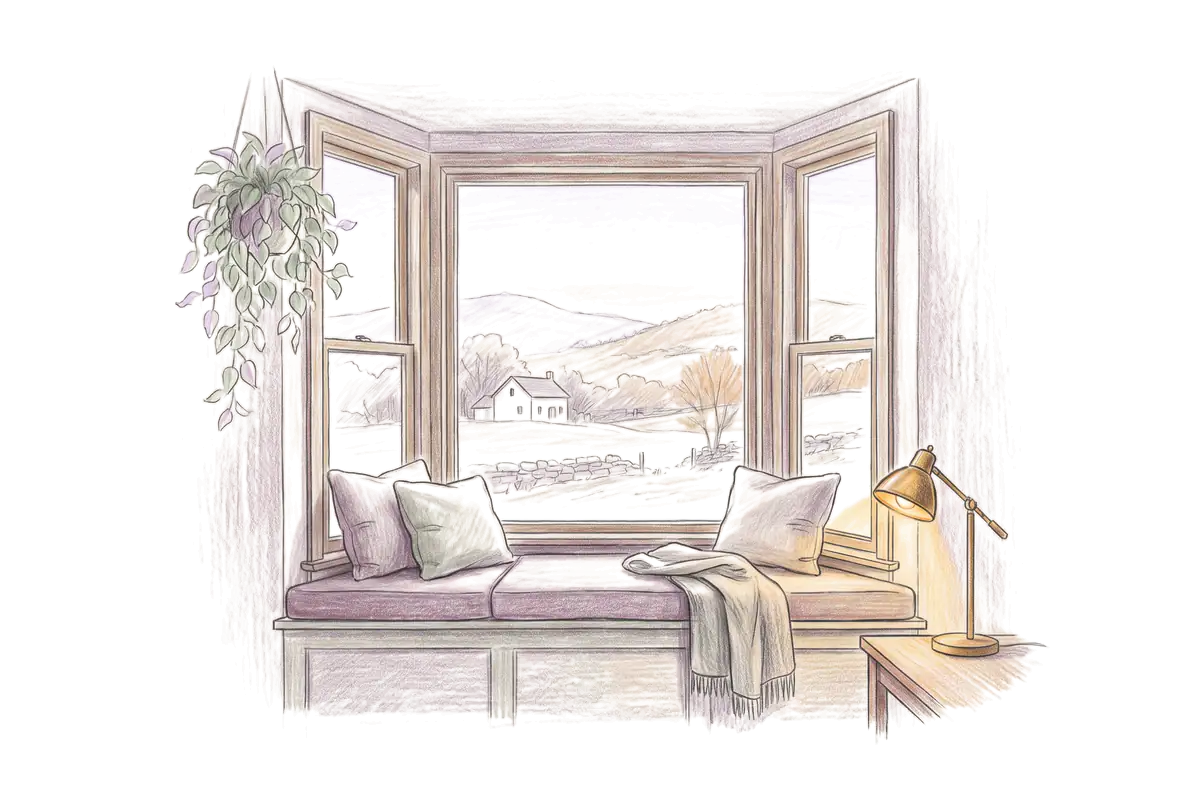 Colored-pencil drawing of a bay window at evening looking out on autumn hills and a farmhouse at dusk
