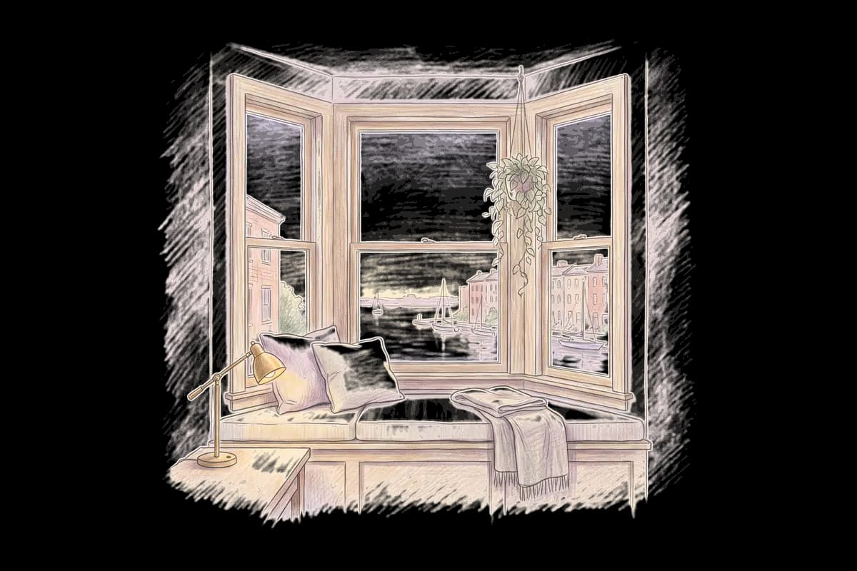 Colored-pencil drawing of a bay window at evening looking out on brick houses along a harbor at evening