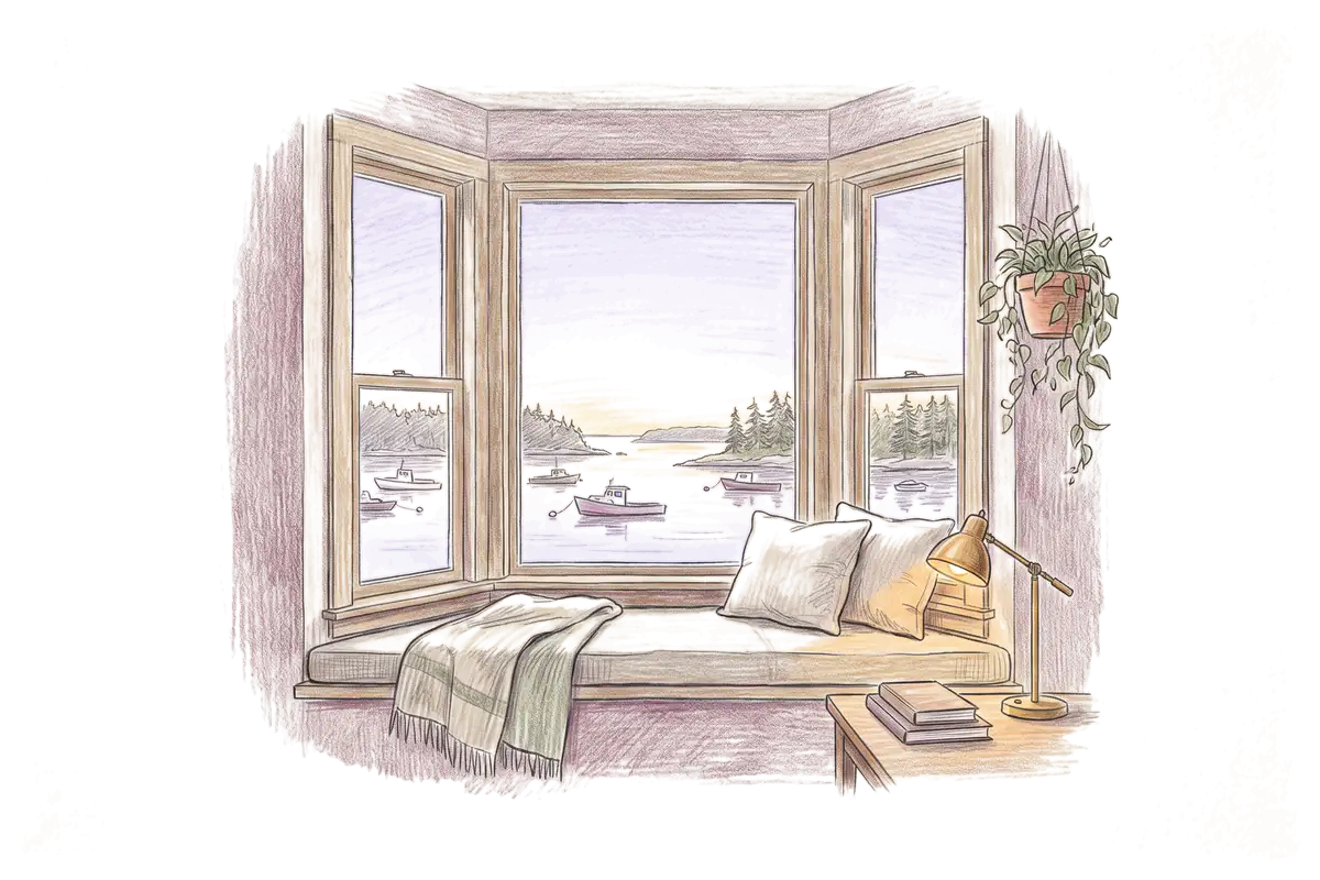 Colored-pencil drawing of a bay window at evening looking out on a harbor with small boats at evening
