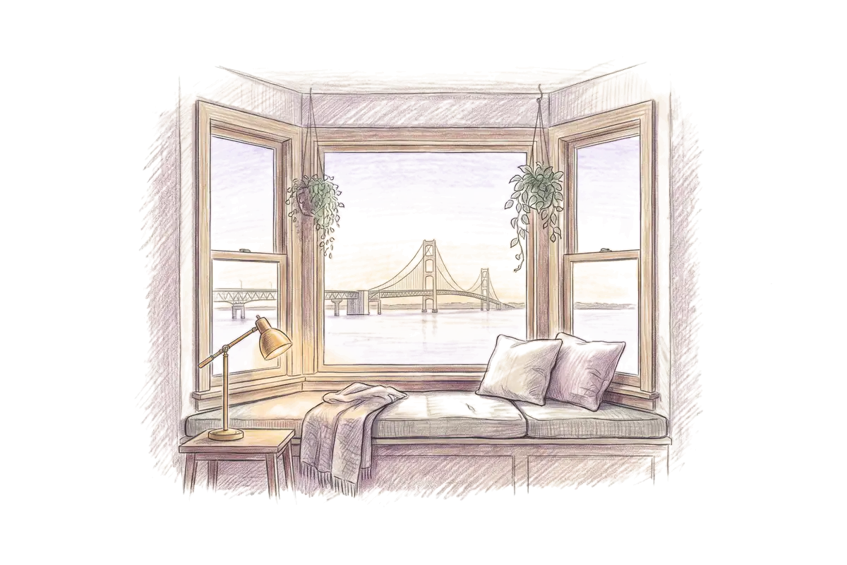 Colored-pencil drawing of a bay window at evening looking out on a long suspension bridge at evening