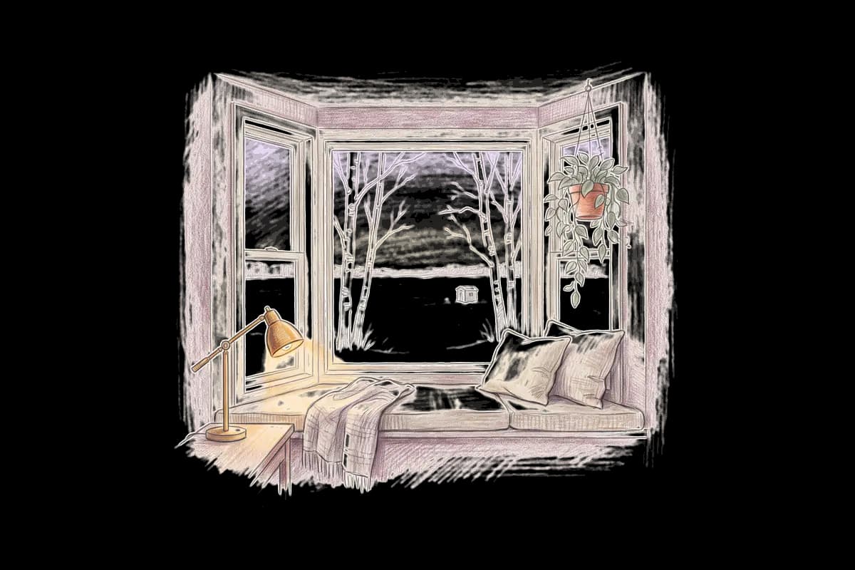 Colored-pencil drawing of a bay window at evening looking out on a frozen lake with birches
