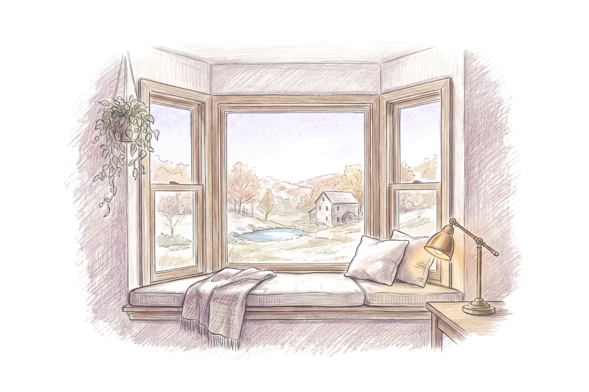 Colored-pencil drawing of a bay window at evening looking out on an old stone mill by a spring