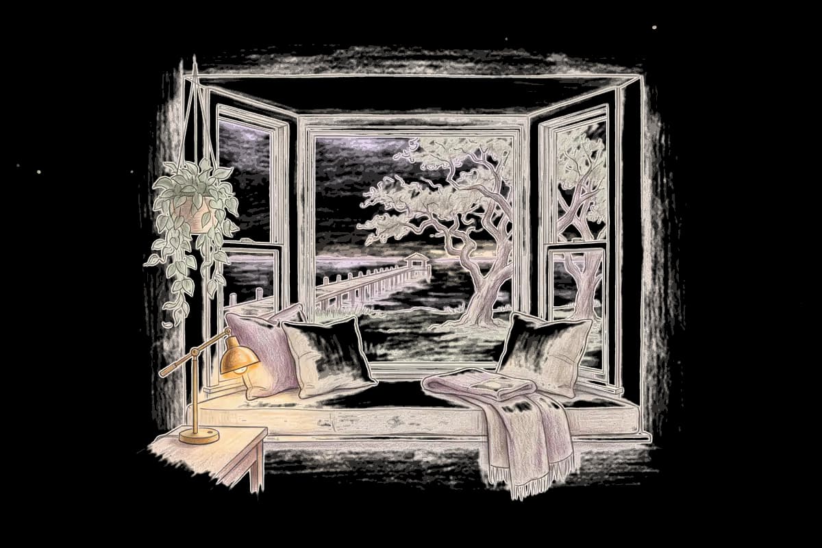 Colored-pencil drawing of a bay window at evening looking out on a long wooden pier at sunset