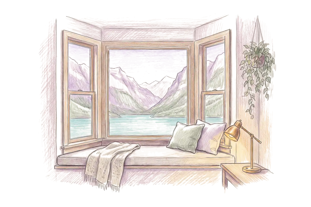 Colored-pencil drawing of a bay window at evening looking out on a turquoise lake below steep peaks