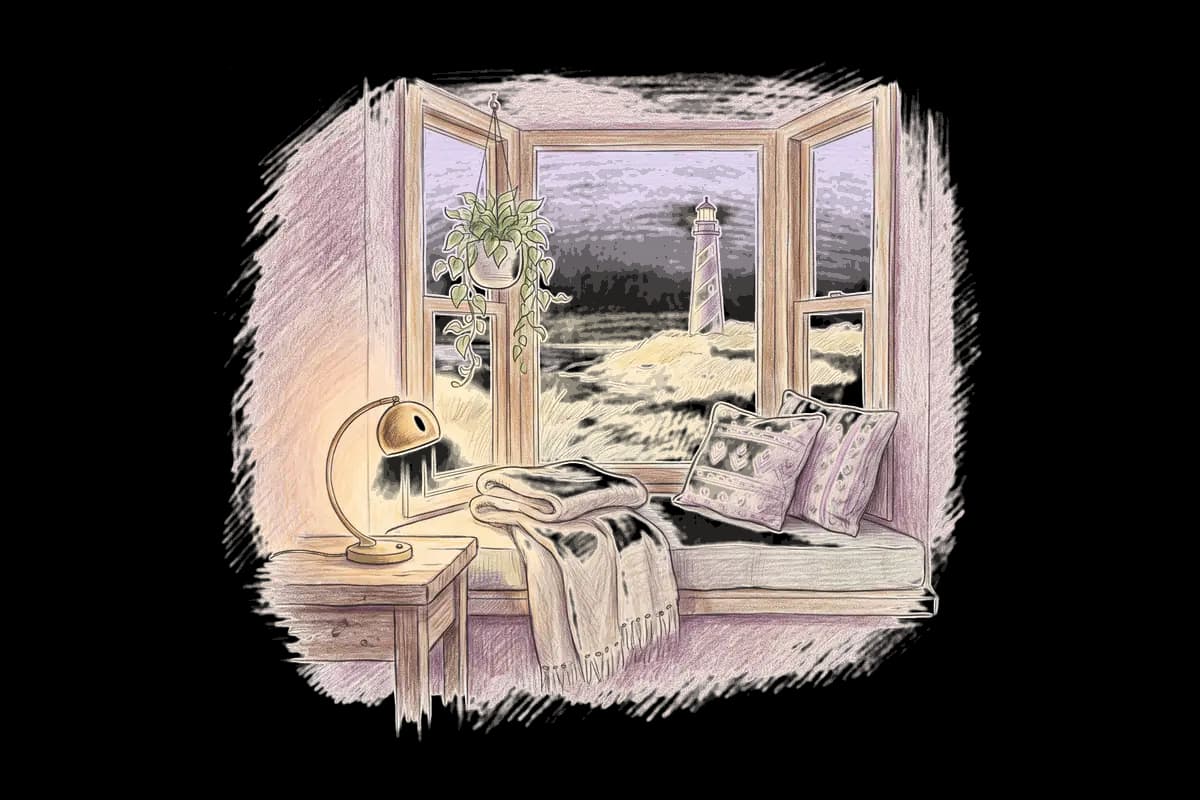 Colored-pencil drawing of a bay window at evening looking out on a lighthouse above dunes at evening