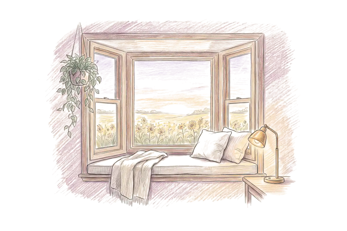 Colored-pencil drawing of a bay window at evening looking out on sunflower fields at golden hour