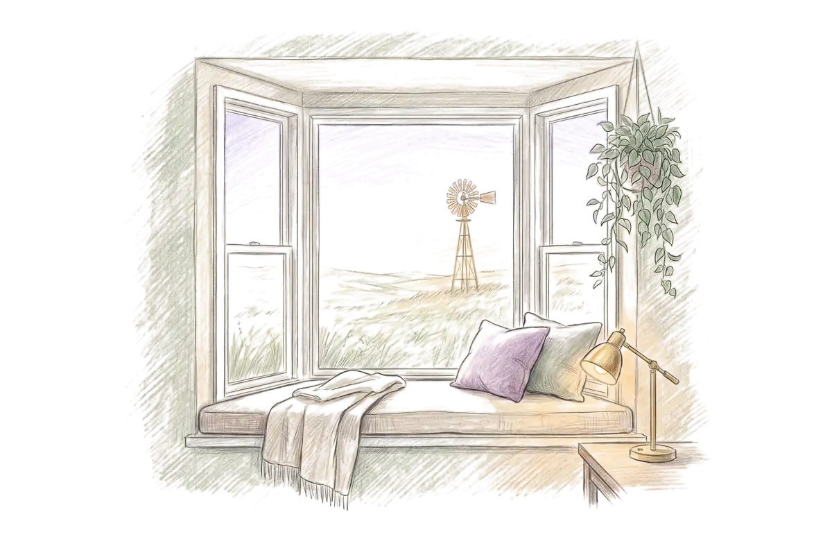 Colored-pencil drawing of a bay window at evening looking out on grassy hills and a windmill at sunset