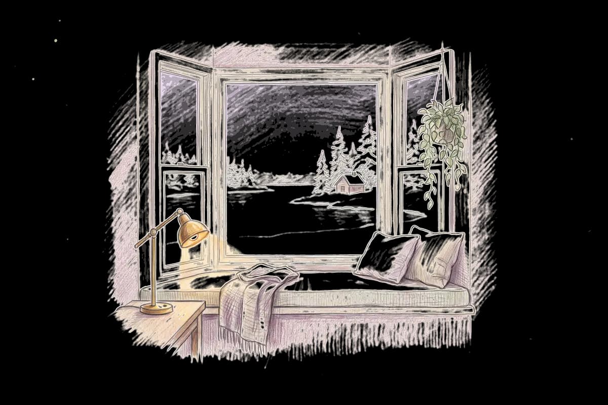 Colored-pencil drawing of a bay window at evening looking out on a snowy lake and a small cabin
