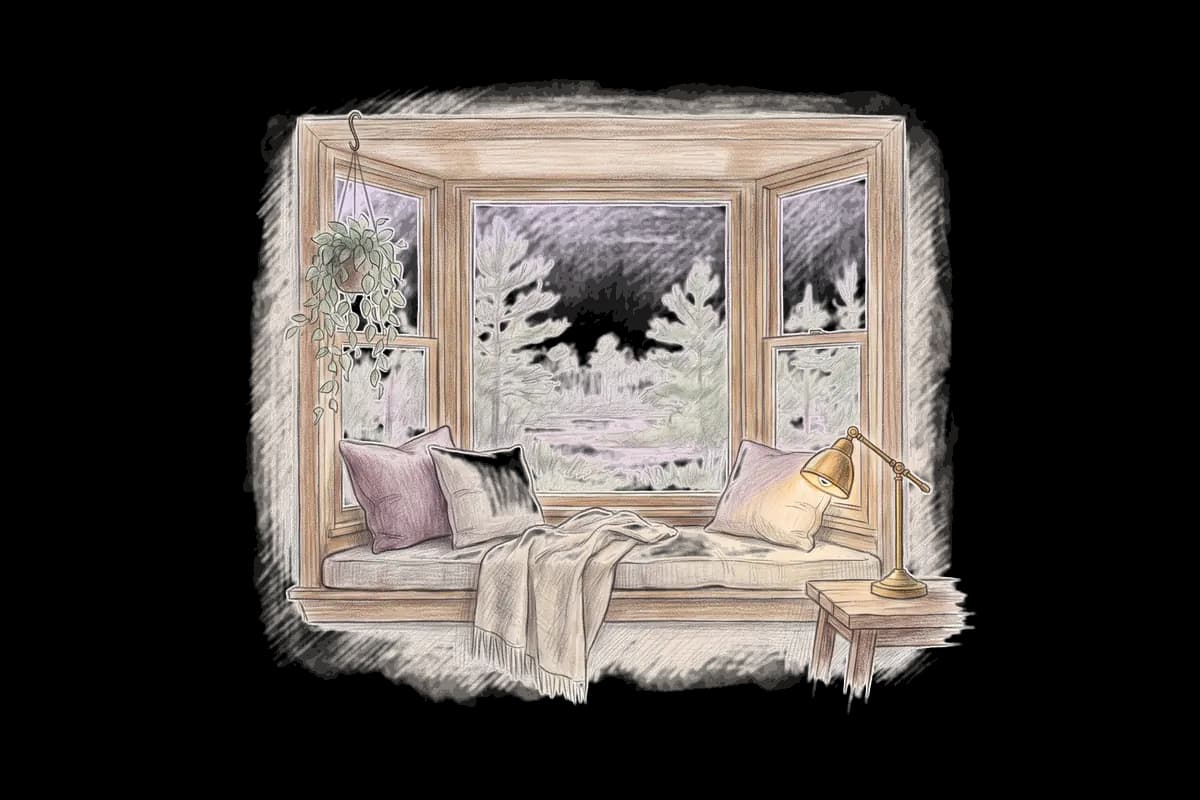 Colored-pencil drawing of a bay window at evening looking out on pines and a cranberry bog