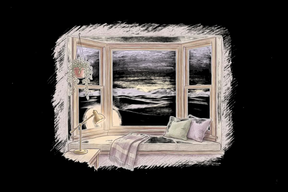 Colored-pencil drawing of a bay window at evening looking out on white sand dunes at sunset