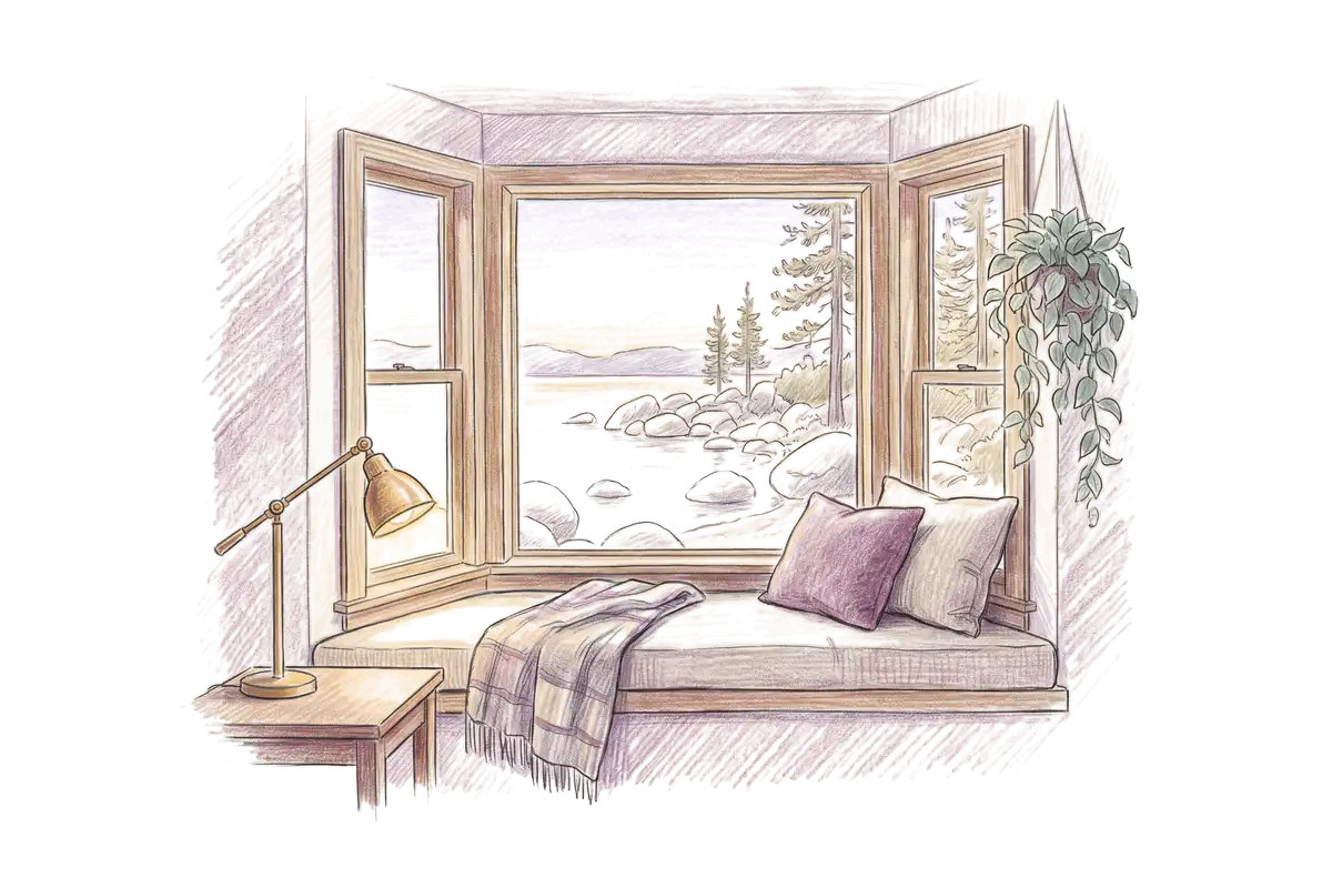 Colored-pencil drawing of a bay window at evening looking out on a clear lake with boulders and pines