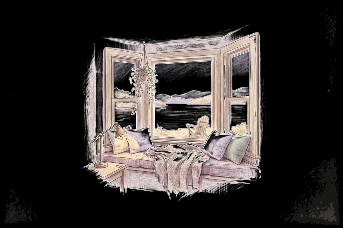 Colored-pencil drawing of a bay window at evening looking out on an autumn lake in the mountains