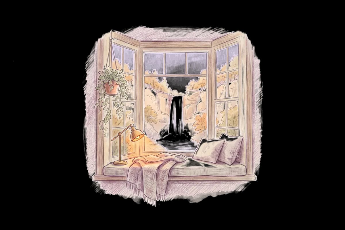 Colored-pencil drawing of a bay window at evening looking out on a waterfall below sandstone cliffs