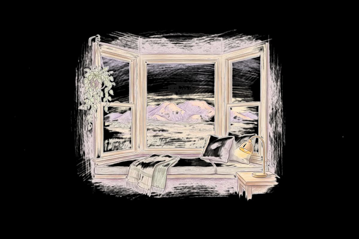 Colored-pencil drawing of a bay window at evening looking out on granite hills and prairie at sunset