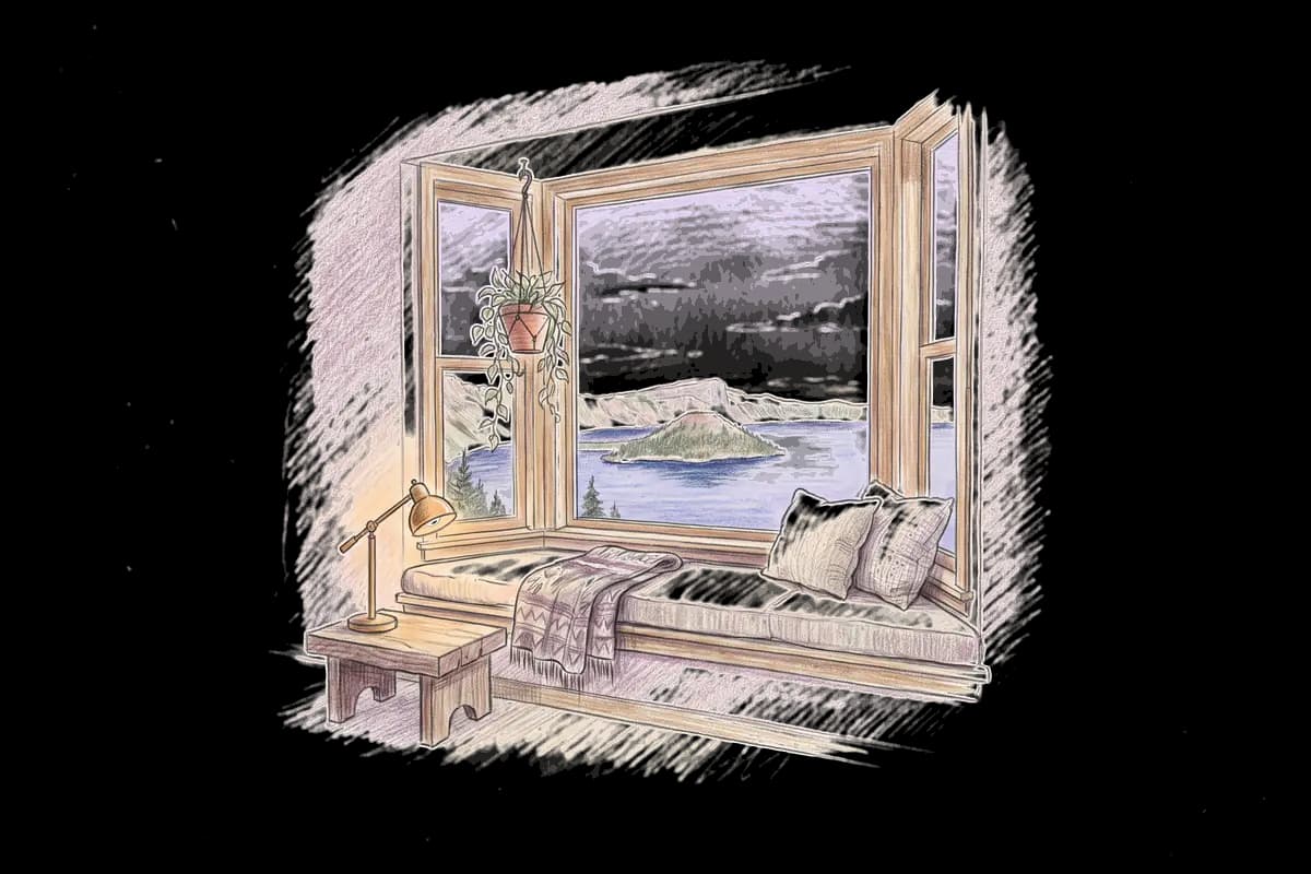 Colored-pencil drawing of a bay window at evening looking out on a deep blue crater lake