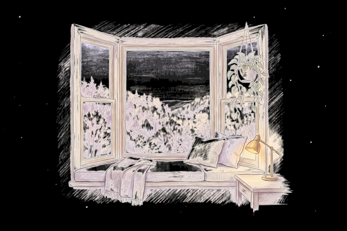 Colored-pencil drawing of a bay window at evening looking out on a forested gorge in autumn