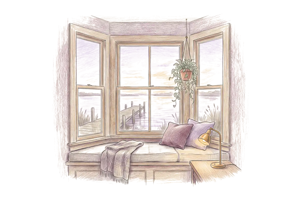 Colored-pencil drawing of a bay window at evening looking out on a salt pond and a dock at dusk