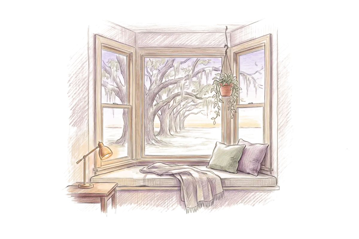 Colored-pencil drawing of a bay window at evening looking out on an avenue of moss-draped oaks