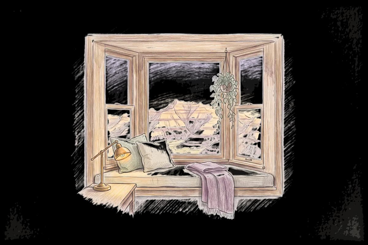 Colored-pencil drawing of a bay window at evening looking out on striped badland pinnacles at sunset