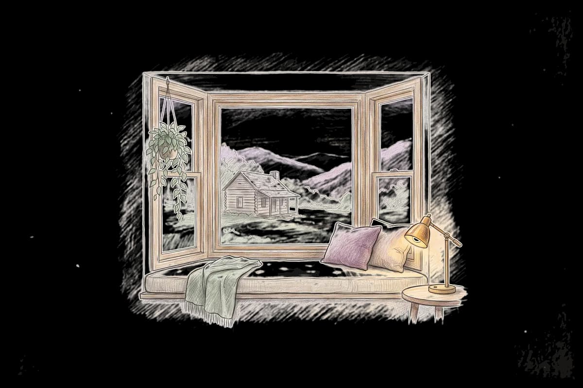 Colored-pencil drawing of a bay window at evening looking out on a log cabin below misty mountains