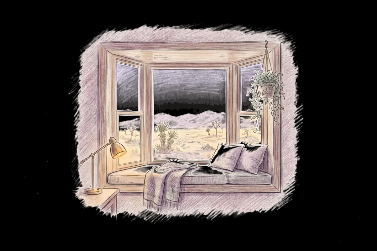 Colored-pencil drawing of a bay window at evening looking out on desert mountains and yuccas at sunset