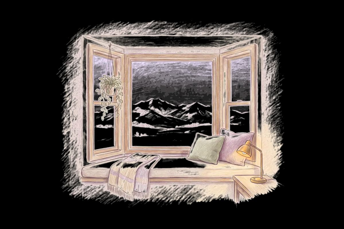 Colored-pencil drawing of a bay window at evening looking out on snowy peaks above a valley at dusk