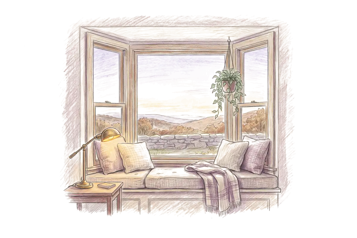 Colored-pencil drawing of a bay window at evening looking out on an autumn overlook at sunset