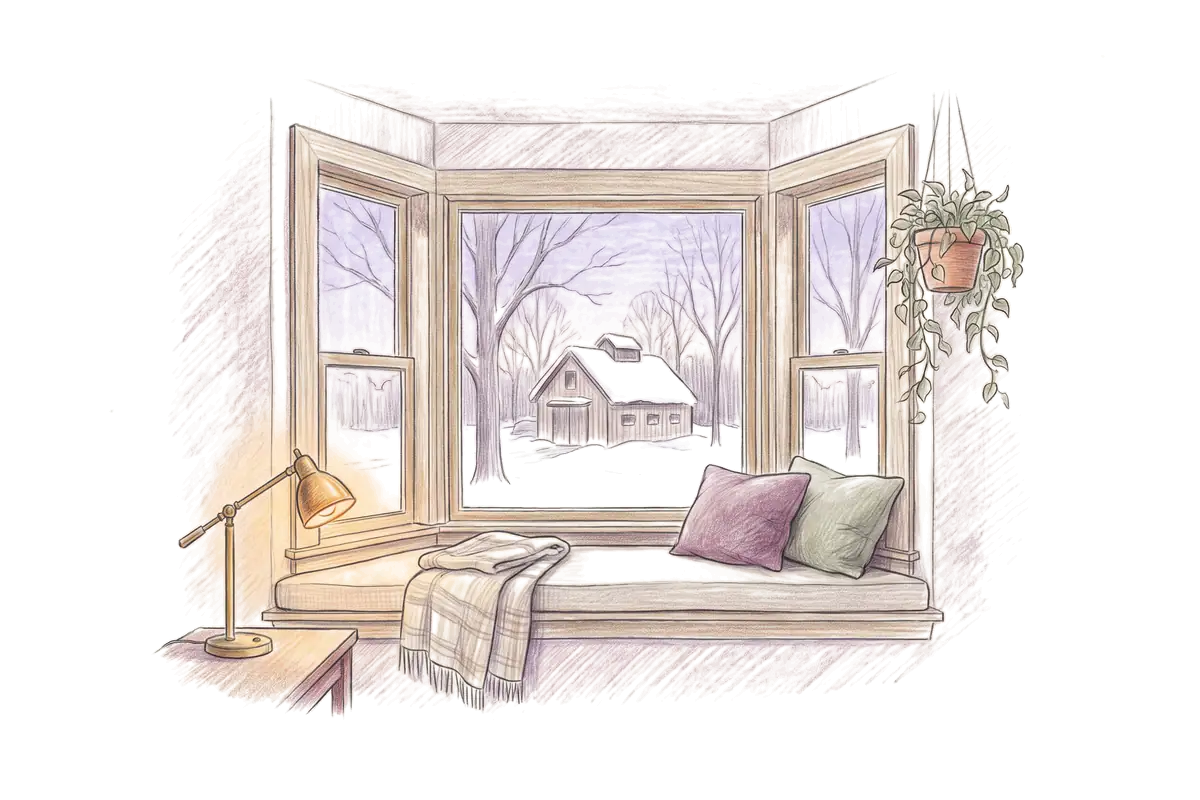 Colored-pencil drawing of a bay window at evening looking out on a sugarhouse among snowy maples