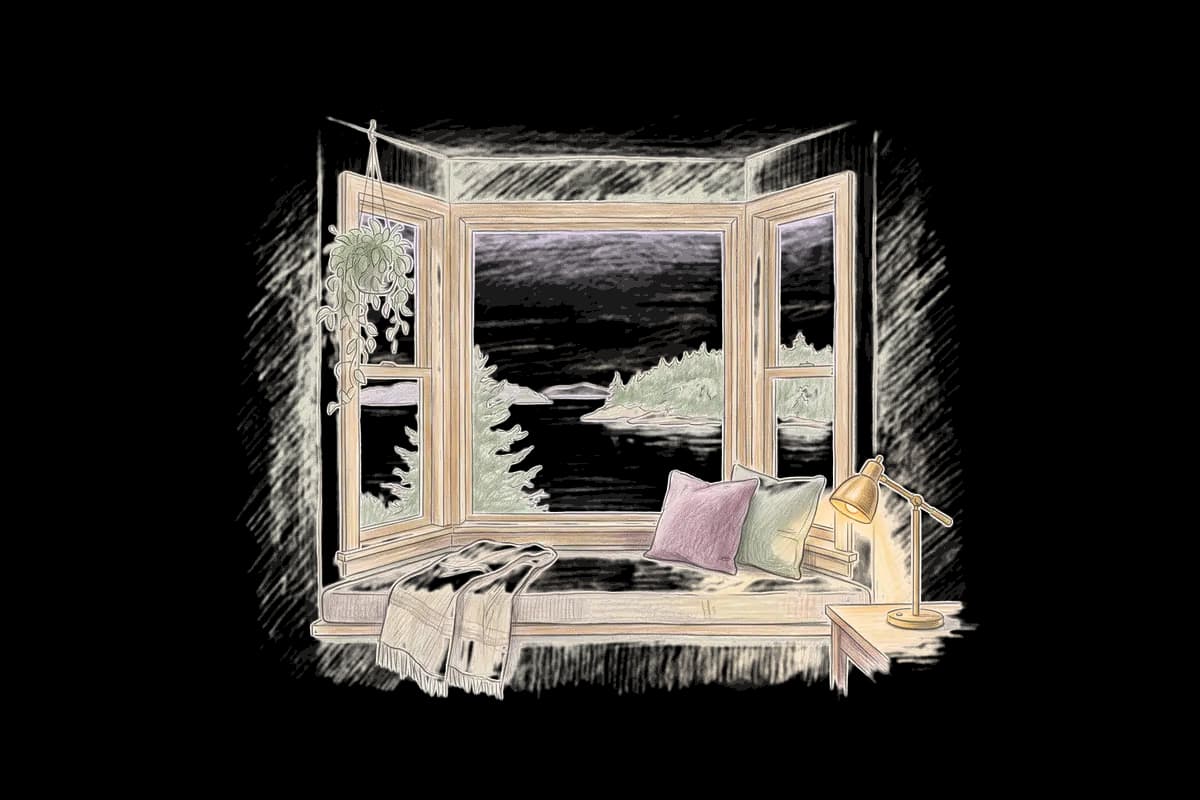 Colored-pencil drawing of a bay window at evening looking out on evergreen islands on calm water