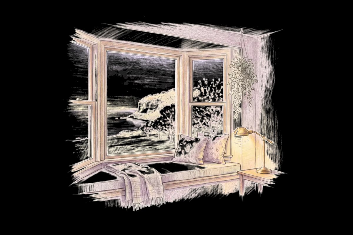 Colored-pencil drawing of a bay window at evening looking out on a bluff and an orchard in blossom